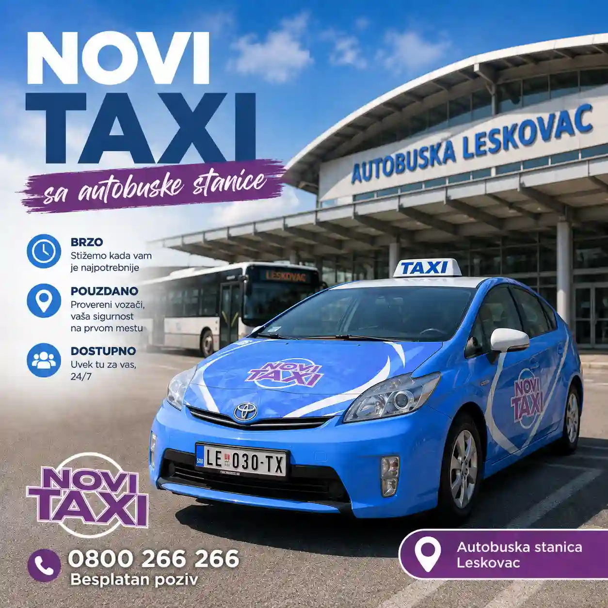 Plavi Novi Taxi 016 (Toyota Prius) ispred Autobuske stanice Leskovac